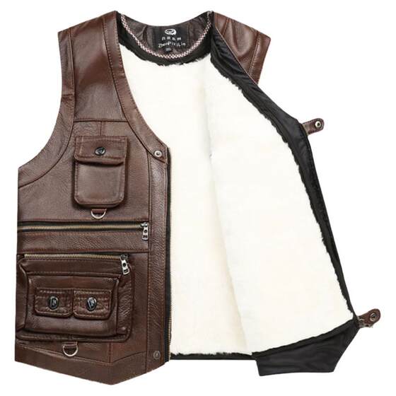 Leather cowhide vest Middle -aged and elderly men in autumn and winter skin wool vest thickened cotton shoulder elderly father pretend to be