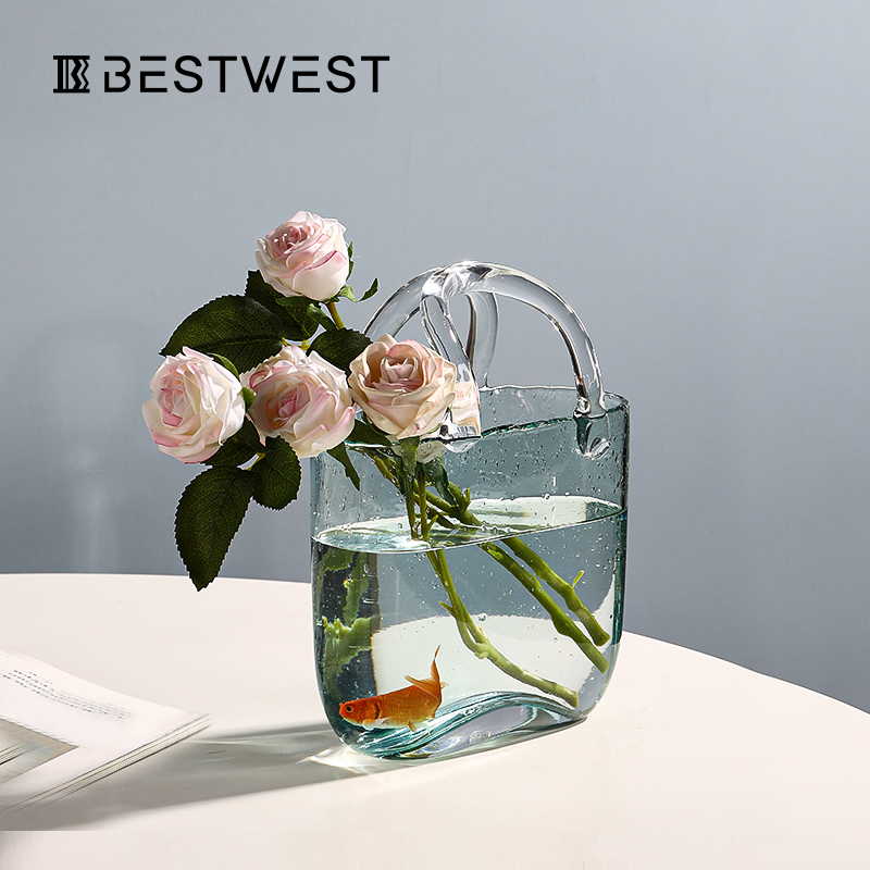 创意包包花瓶摆件高级感手提篮鱼缸小客厅餐桌透明玻璃插花瓶轻奢