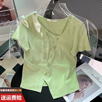 Зеленая летняя футболка, короткий топ, V-образный вырез