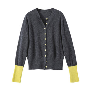 
YANGLE_Sheep wool sweater women's 2025 autumn and winter new Korean style lazy retro contrast gray knitted cardigan