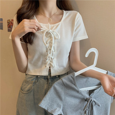 taobao agent Summer clothing, design belt, T-shirt, universal jacket, plus size, trend of season, fitted, western style, with short sleeve