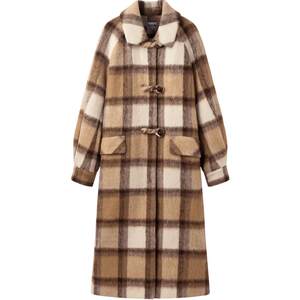 
Lecho Korean Academy style patterned horn button wool coat long winter lapel plaid coat