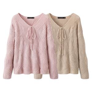 
La Chapelle pink lace-up sweater for women spring and summer new thin hollow blouse top
