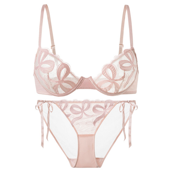 
Forlé Girl French Underwear Women's Soft Steel Ring Ultra-Thin Bra Small Breast Sexy Bra Set Ribbon Pink Bow