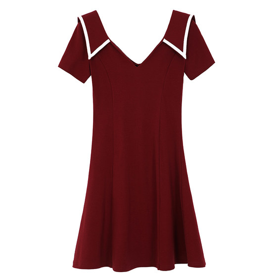 Temperament sexy low -cut V -neck dresses, small short back skirt children Xia high waist thin A -line skirt