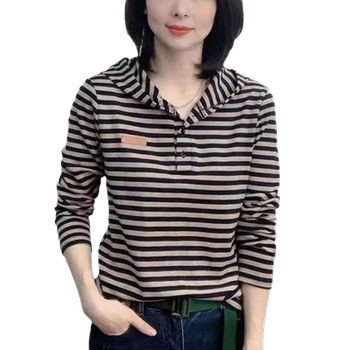 Hooded base layer Korean style loose striped T-shirt