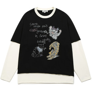 
Double high tire same style GUUKA trendy brand black cat long-sleeved T-shirt for men heavyweight pure cotton fake two-piece top for women loose