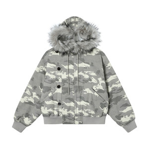 
TGNS light color big fur collar ma1 park overcoming women winter mountain carving work clothes couple cotton coat thick coat men