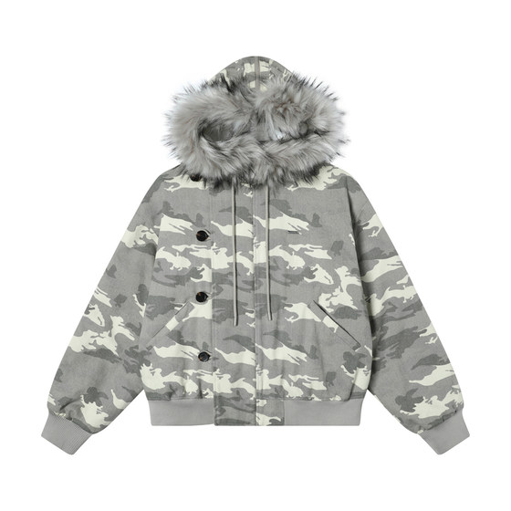 
TGNS light color big fur collar ma1 park overcoming women winter mountain carving work clothes couple cotton coat thick coat men