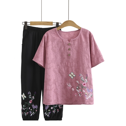 Летняя одежда для матери, комплект для пожилых людей, модный топ, тонкая футболка с коротким рукавом, для среднего возраста, 40-50 лет, из хлопка и льна