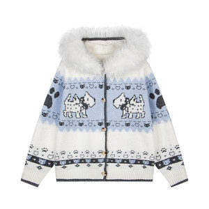 
Wenwenbuguai original American retro fur collar jacquard hooded knitted cardigan Fair Isle puppy sweater for women winter