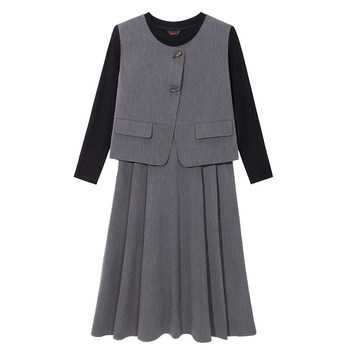 
Qisao plus size women's autumn and winter new style French waist A-line covering the flesh and slimming versatile long-sleeved two-piece dress