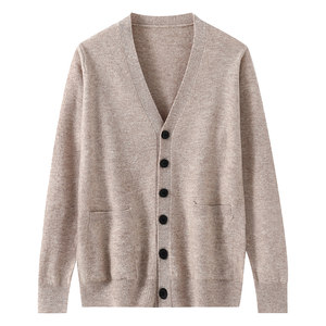 100% pure wool sweater men's cardigan coat with pockets loose large size V-neck sweater spring and autumn knitted bottoming shirt thin