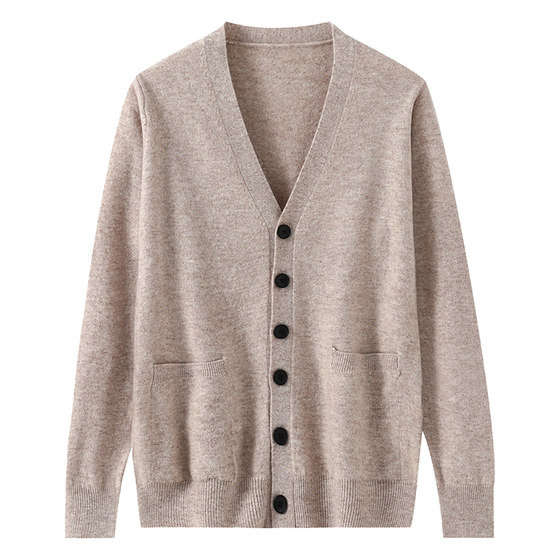 100% pure wool sweater men's cardigan coat with pockets loose large size V-neck sweater spring and autumn knitted bottoming shirt thin