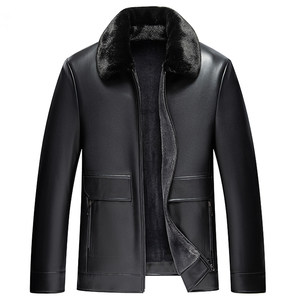 Autumn and winter Haining leather coat men's cotton leather trench coat medium and long velvet business slim locomotive leather jacket middle -aged jacket
