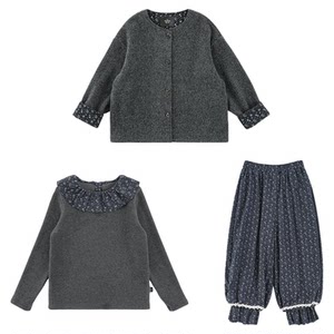 
Young girls 2025 winter new wool blended jacket plus velvet warm bottoming shirt floral bouquet pants set