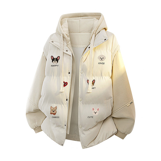 
Charles Heart Puppy Print Fake Two-piece Hooded Cotton Jacket for Men and Women Winter Thickened Warm Casual Couple Coat