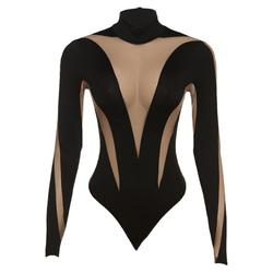 Cnyishe European And American Street Hotties Slim-fitting Jumpsuit With Mid-high Collar And Mesh Design Long-sleeved Bottoming Shirt