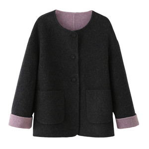 
Double-sided wool coat women's short 2025 new high-end contrasting color design round neck woolen coat for small people