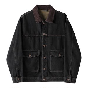 
LUUD 100% cotton heterochromatic topstitched denim jacket for men early spring workwear style corduroy lapel jacket trendy