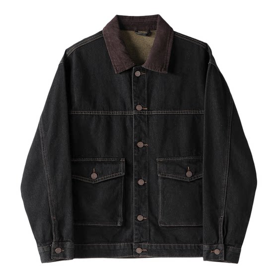 
LUUD 100% cotton heterochromatic topstitched denim jacket for men early spring workwear style corduroy lapel jacket trendy