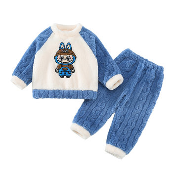
Boys' Coral Velvet Pajamas Winter Boy's Labubu Home Clothes Warm Suit Children's Baby Thickened Pajamas Winter