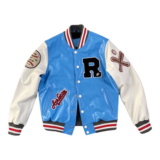 
High-end imported waxed cowhide and cotton warm jacket embroidered genuine leather motorcycle jacket men's and women's baseball uniform