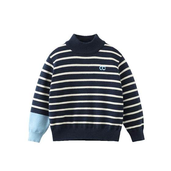 
[Anti-static Pilling] Qi Qi Xiong Boys' Sweater Thickened Winter Striped Half-Turtle Collar Baby Wool Sweater