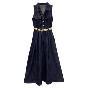 
South Korea's new summer style sleeveless waist-hugging blue denim dress A version high-waist slim skirt