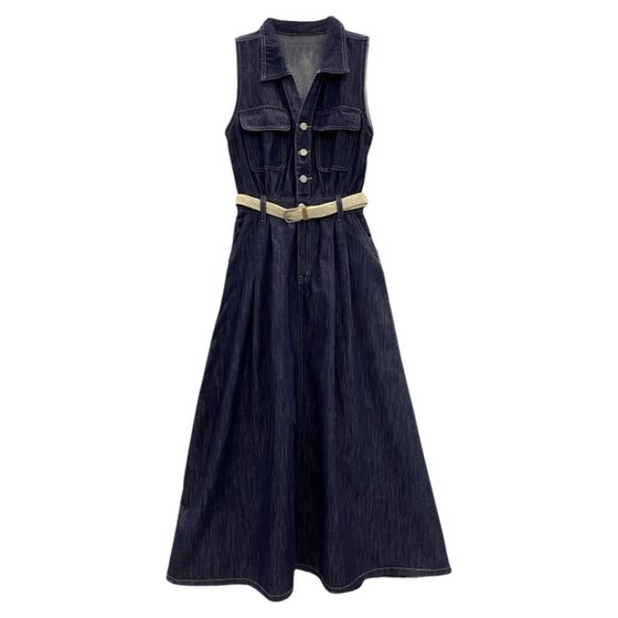 
South Korea's new summer style sleeveless waist-hugging blue denim dress A version high-waist slim skirt