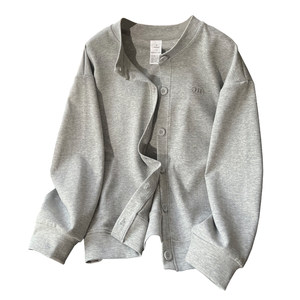 Spring and Autumn Thin Round Neck Sweatshirt Cardigan Women's Korean Loose Gray Sports and Casual Breastplate Baseball Suit Long Sleeve Jacket