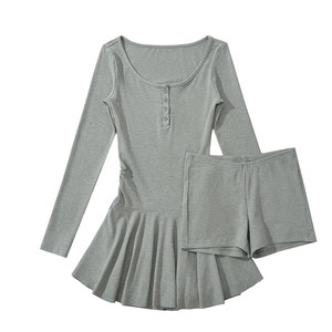 liviahome hot girl pure square collar button long sleeve waist dress autumn and winter anti-exposure A-line base short skirt
