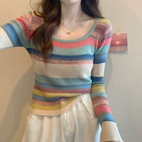 Радужный трикотажный весенний свитер, сексуальный топ, квадратный вырез, коллекция 2023