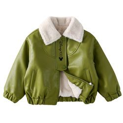 Disney Children's Leather Jacket Baby Thickened Jacket Boy Trendy Boy Plush Fur 2023 Autumn And Winter Clothing