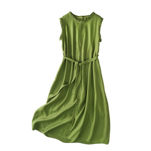 
White silk sleeveless dress for women, mulberry silk, beautiful A-line skirt, waisted, elegant long skirt, solid color vest dress, spring