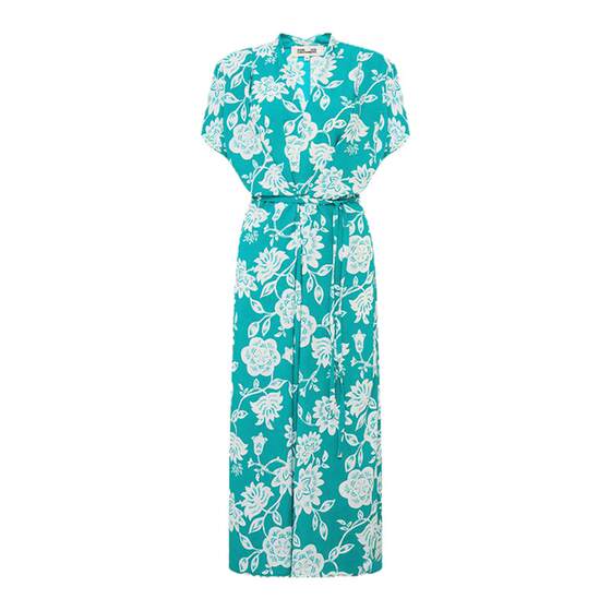 
DVF turquoise star pattern floral print high waist A-line skirt slit design wrap dress DW2T011