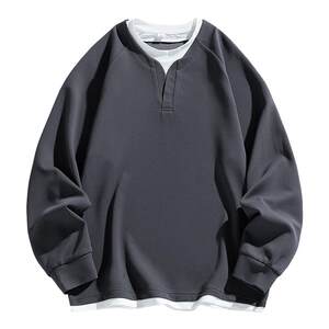 Waffle design sense splicing fake two-piece sweatshirt men's spring and autumn new trendy brand men's loose inner base top

