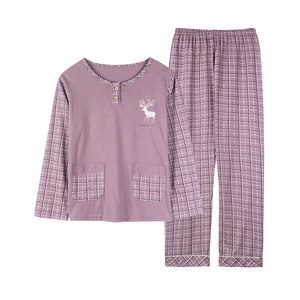 Middle-aged mother pajamas for women long-sleeved pure cotton spring and autumn middle-aged and elderly women plus fat plus size suit can be worn outside
