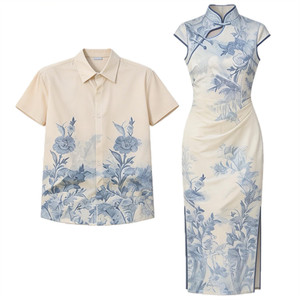 New Chinese couple dress summer niche design sense short -sleeved shirt women's cheongsam dress French skirt