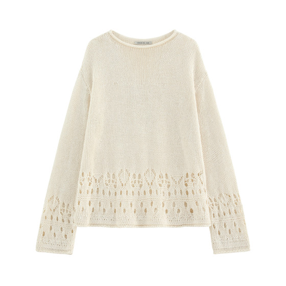 [Flower Tears] Dry Japanese paper cotton yarn retro holiday hollow atmosphere slim big round neck long-sleeved sweater 241