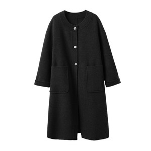 
Wool + Lyocell women's double-sided woolen long coat round neck charcoal black woolen coat with scarf winter style