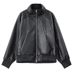 
TOMATOPAPA stand collar PU leather jacket men's loose zipper jacket solid color casual trendy double zipper motorcycle jacket