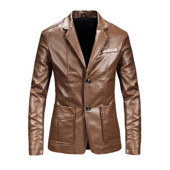 
Leather jacket for men autumn and winter men's trendy loose thin velvet handsome leather suit soft leather suit collar jacket mid-length leather jacket