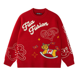 FILA FUSION Fila trendy brand women's knitted sweater 2026 spring new red New Year couple sweater for men
