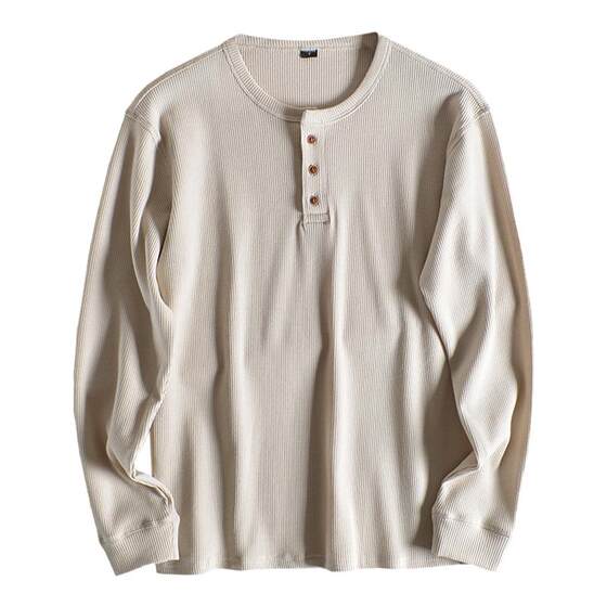 
[European and American niche! All cotton material! Waffle] Spring Japanese casual men's Henry neck long-sleeved T-shirt trendy
