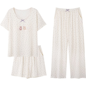 【直播专享链接】思莉太太睡衣女夏季棉质短袖绝美三件套家居服