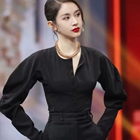 Демисезонная одежда, черная рубашка, французский стиль, рукава фонарики, в корейском стиле