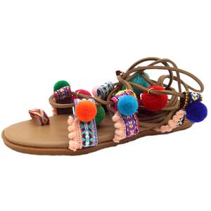 Cross -binding River -colored Ball Ball Flat Roman Sandals Female Ethnic Women's Ethnic Boomian Set Sand Beach Shoes