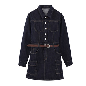 
FF BLUE blue afternoon 86 cotton raw cow color A-line denim skirt waist dress autumn (free belt)