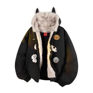 
Charles Heart Puppy Print Mountain Carving Cotton Clothes for Men and Women Winter New Trendy Brand Fur Collar Hooded Couple Cotton Clothes